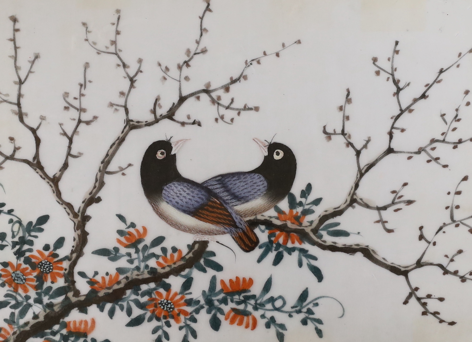 19th century Chinese school, pair of pith paper paintings, Birds of Paradise, largest 17 x 24cm